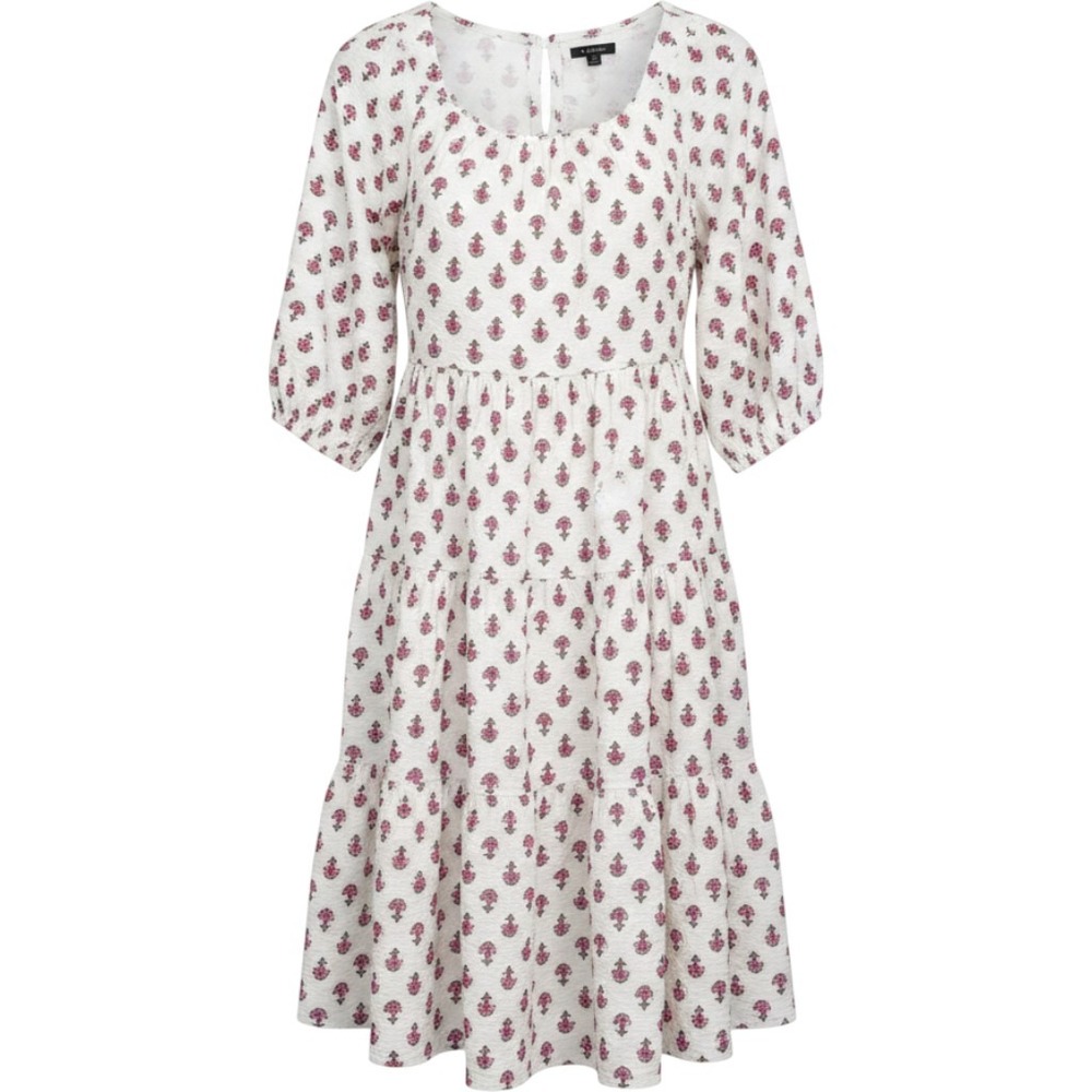 Ann Taylor White Floral Block Print Tiered Midi Dress XS Puff Sleeve Boho